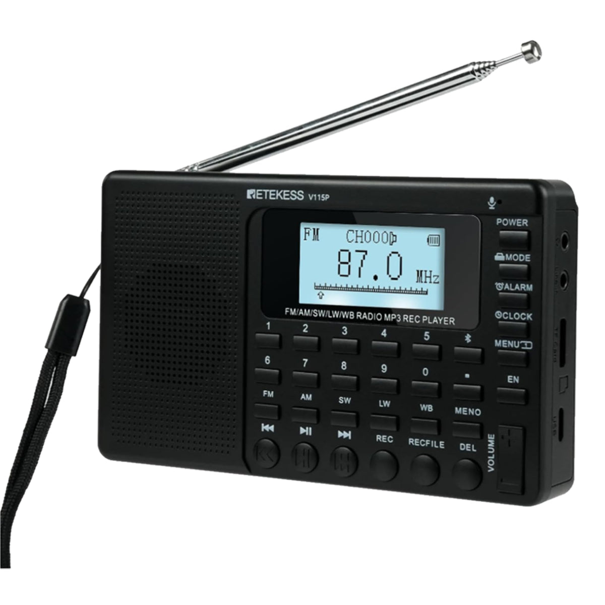 Retekess V115P front view showing compact multi-band radio design for travel
