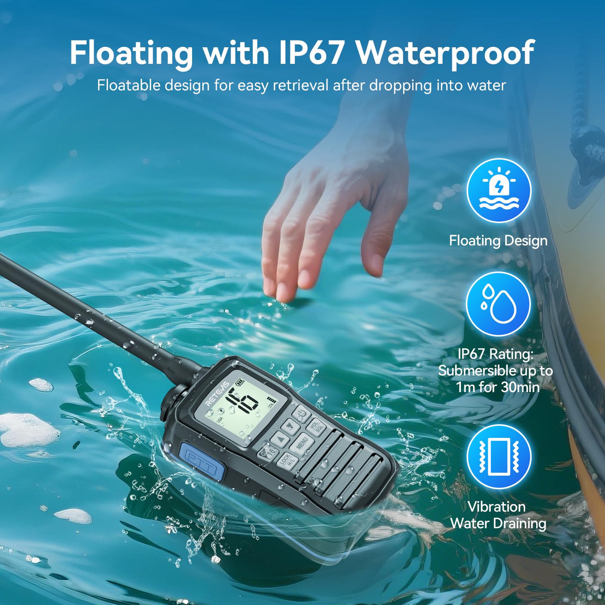 RM01P floating on water allows quick recovery after a drop.