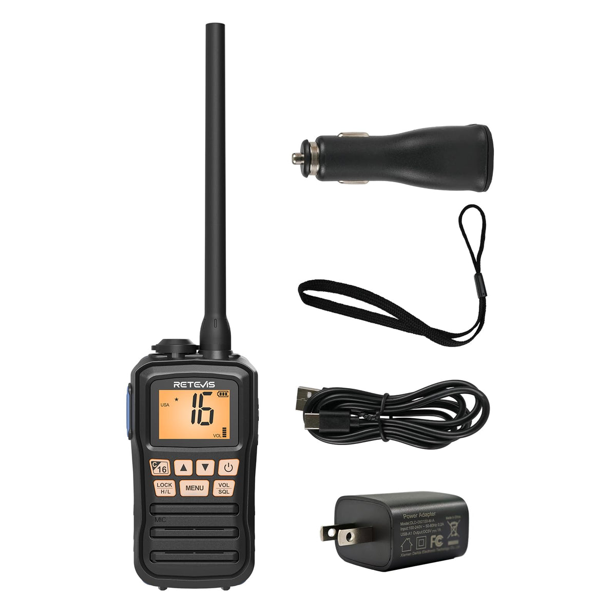 Retevis RM01P front view showing compact rugged marine radio.