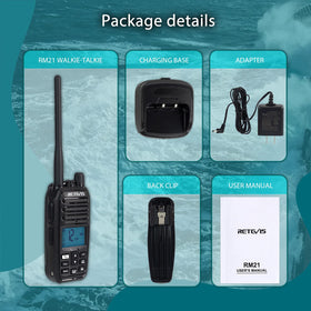 Retevis RM21 box with accessories showing included charging dock and cables