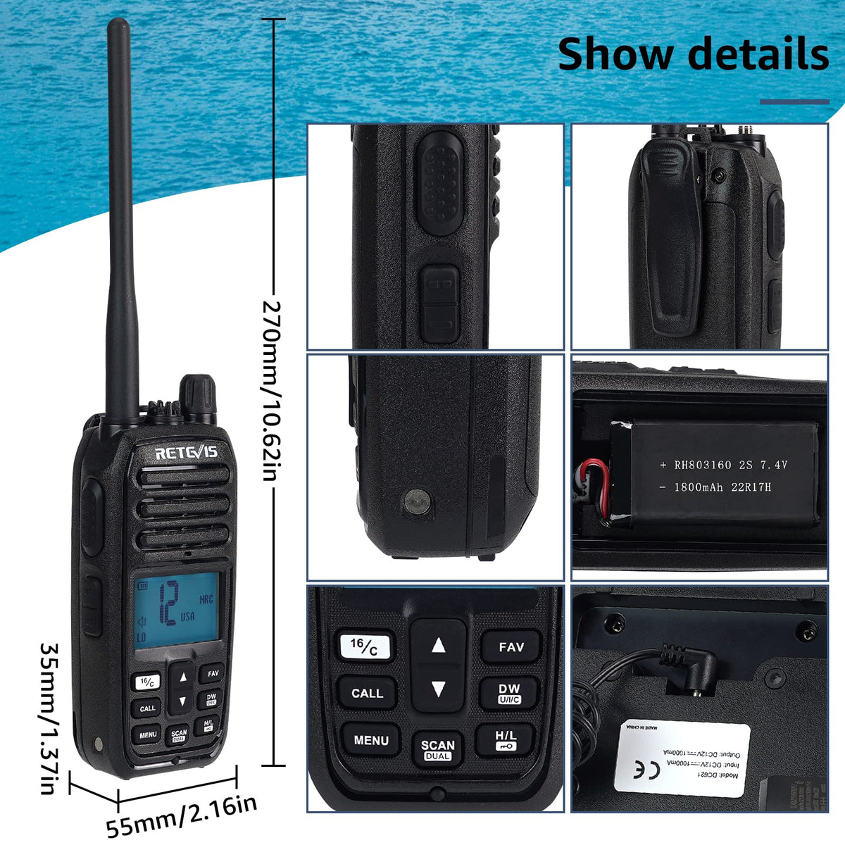 Retevis RM21 mounted on boat console demonstrating instant channel 16 access
