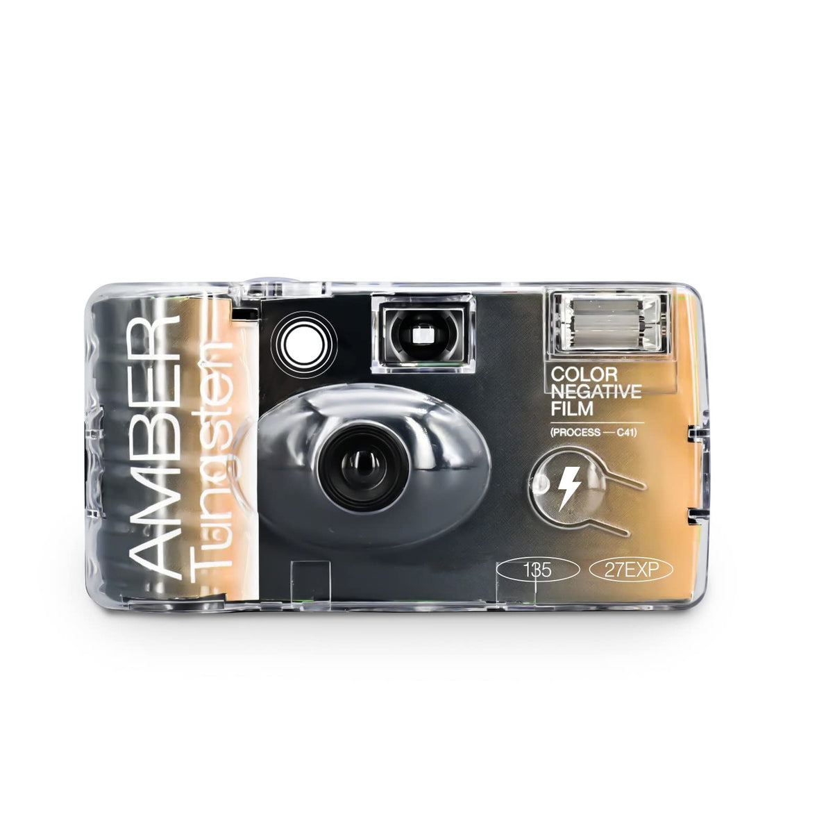 RETO front view of disposable amber tungsten camera showing lens and ready-to-shoot convenience