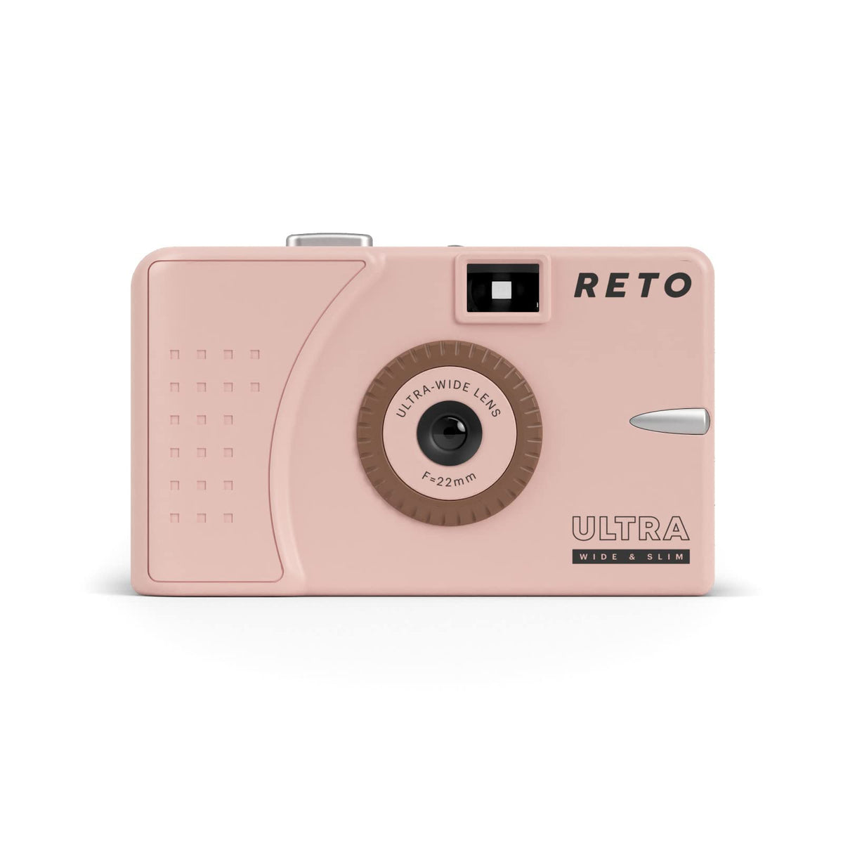 RETO Ultra Wide 35mm camera front view in pastel pink, portable for street snaps
