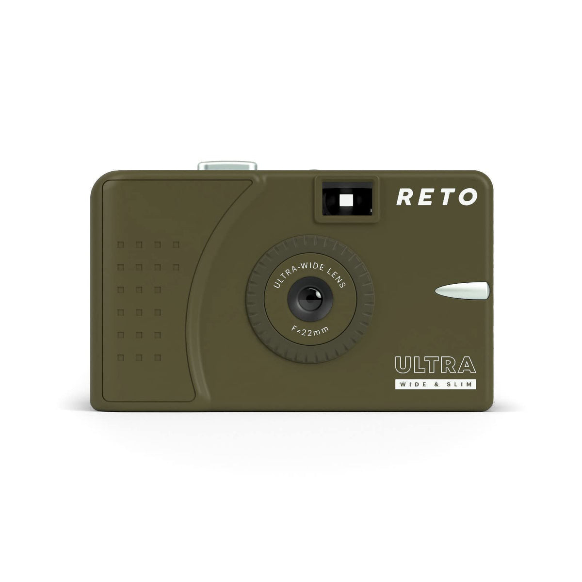 RETO Ultra Wide and Slim 35mm camera in olive front view for street photography.
