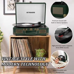 RetroAudio top view of built-in speakers and control knobs for easy playback setup