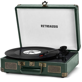 RetroAudio dark green suitcase turntable front view showing vintage design and portability