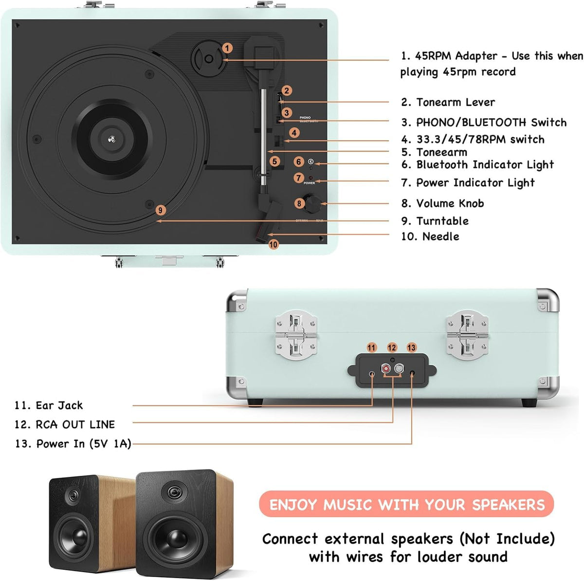 RetroAudio 3-speed turntable supports 33 1/3, 45, 78 RPM for diverse vinyl.