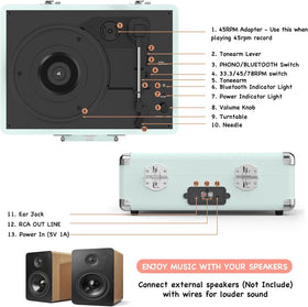 RetroAudio 3-speed turntable supports 33 1/3, 45, 78 RPM for diverse vinyl.