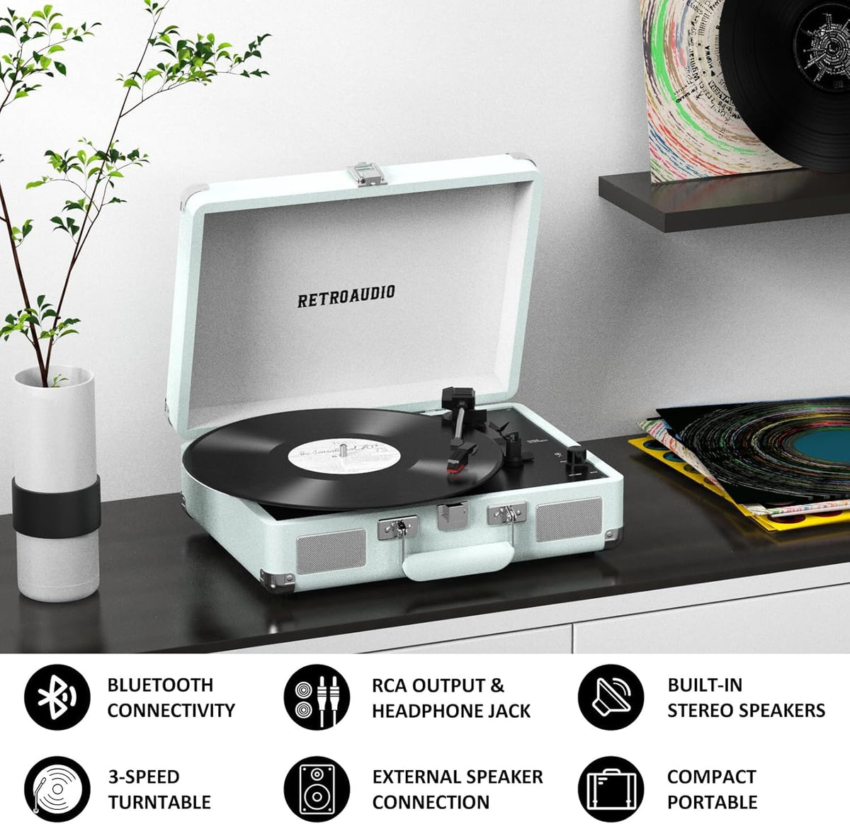 RetroAudio Bluetooth pairing display demonstrating wireless playback from a phone or tablet.