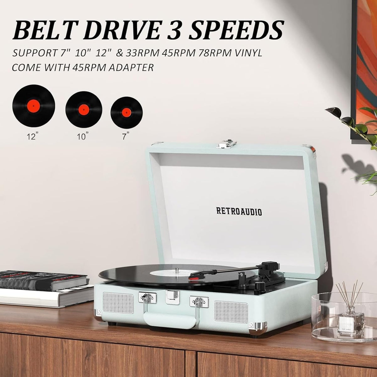 RetroAudio built-in speakers with RCA out, compact setup for any room.