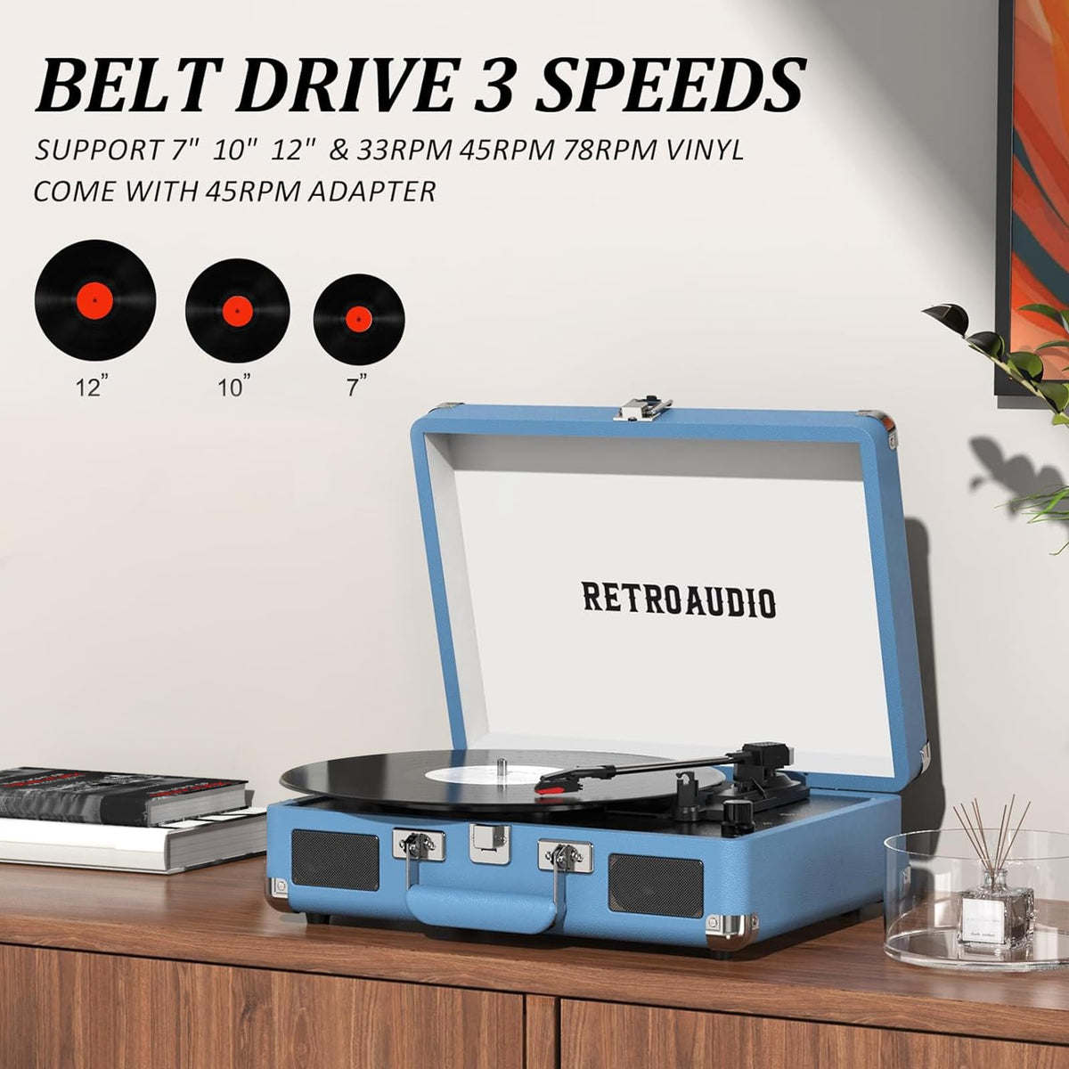 RetroAudio built-in stereo speakers deliver clear sound for compact rooms
