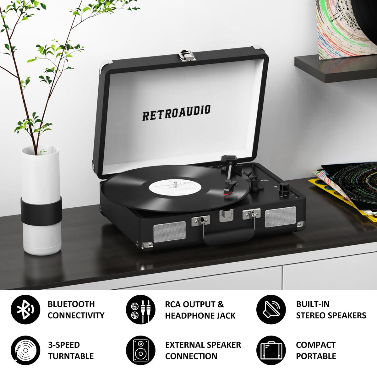 RetroAudio built-in stereo speakers illuminate compact, all-in-one listening experience for small spaces.