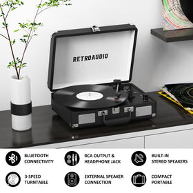 RetroAudio built-in stereo speakers illuminate compact, all-in-one listening experience for small spaces.