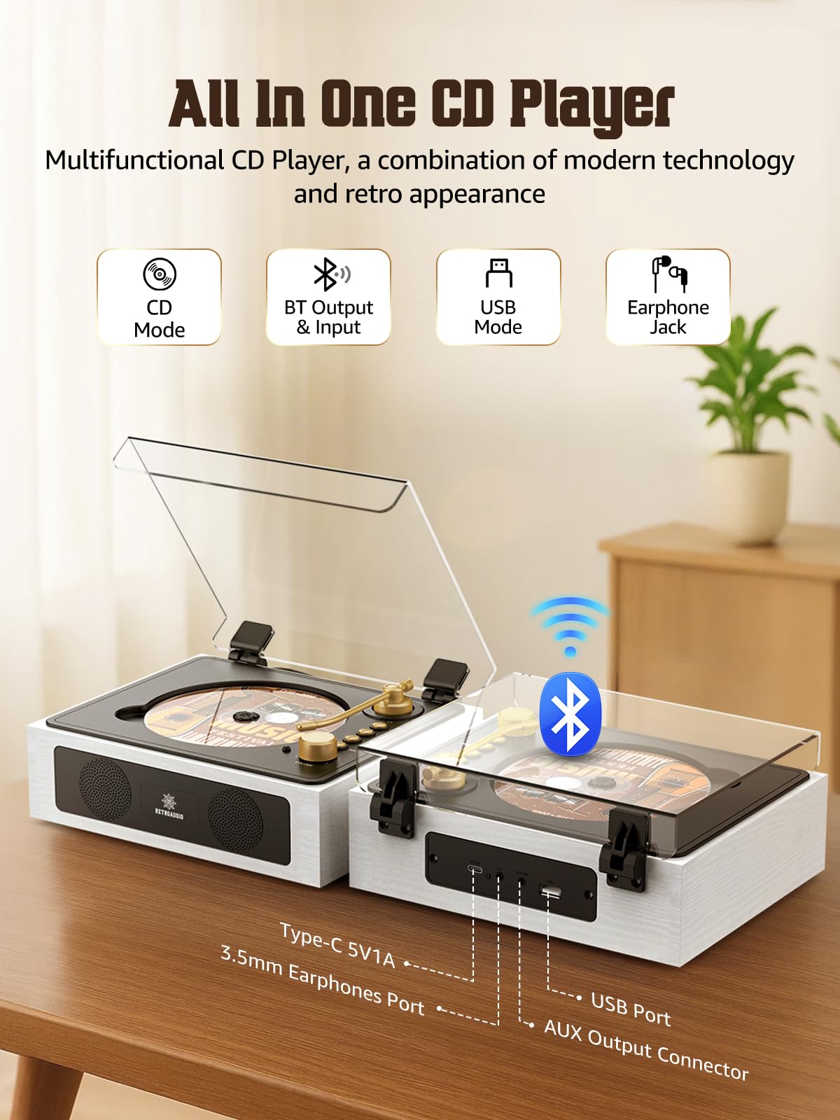 RetroAudio with dust cover open and CD inside showing simple disc insertion and protection
