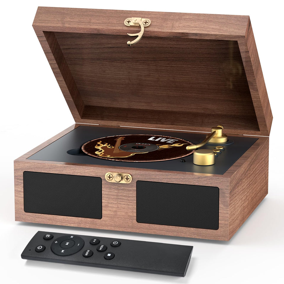 RetroAudio front view showing brown unit and built-in speakers for compact sound