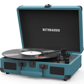 RetroAudio front view smoke blue suitcase turntable showing vintage style and portability benefit