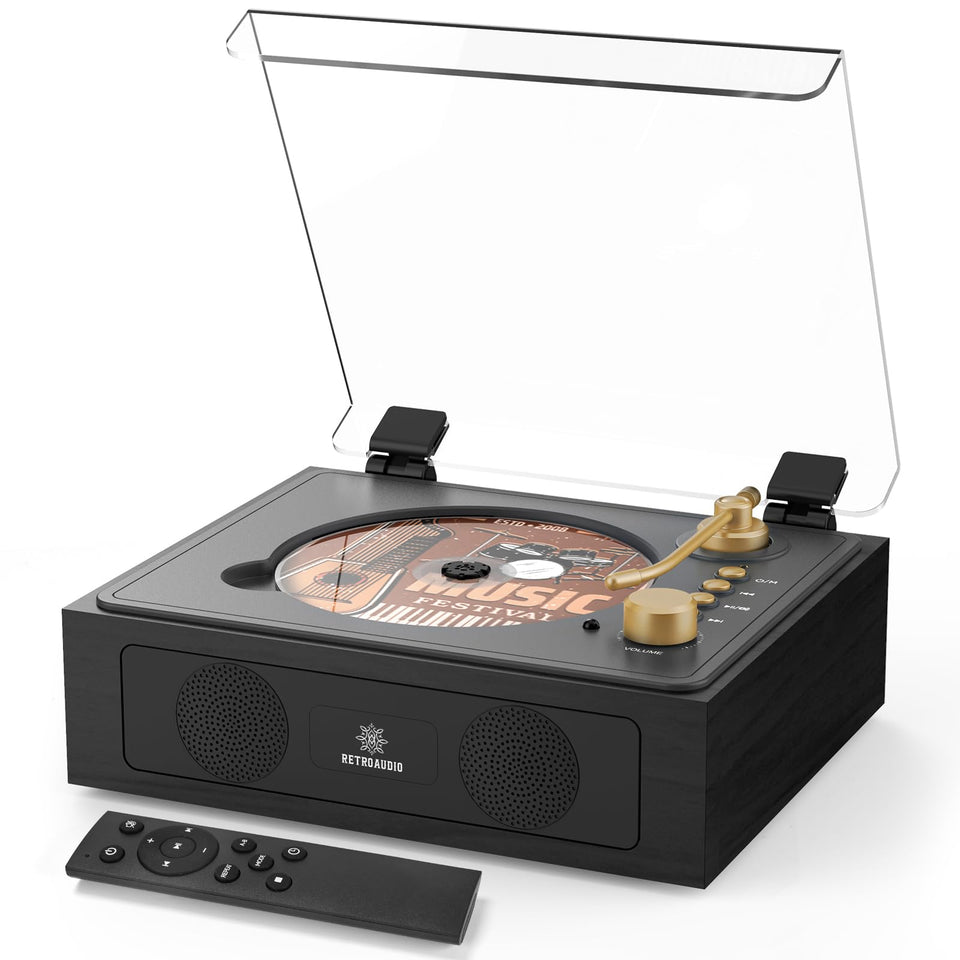 RetroAudio front view showing wood casing and built-in stereo speakers for warm room sound