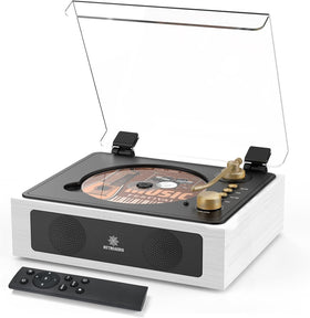 RetroAudio front view showing wood cabinet, controls and speaker grille for easy room listening