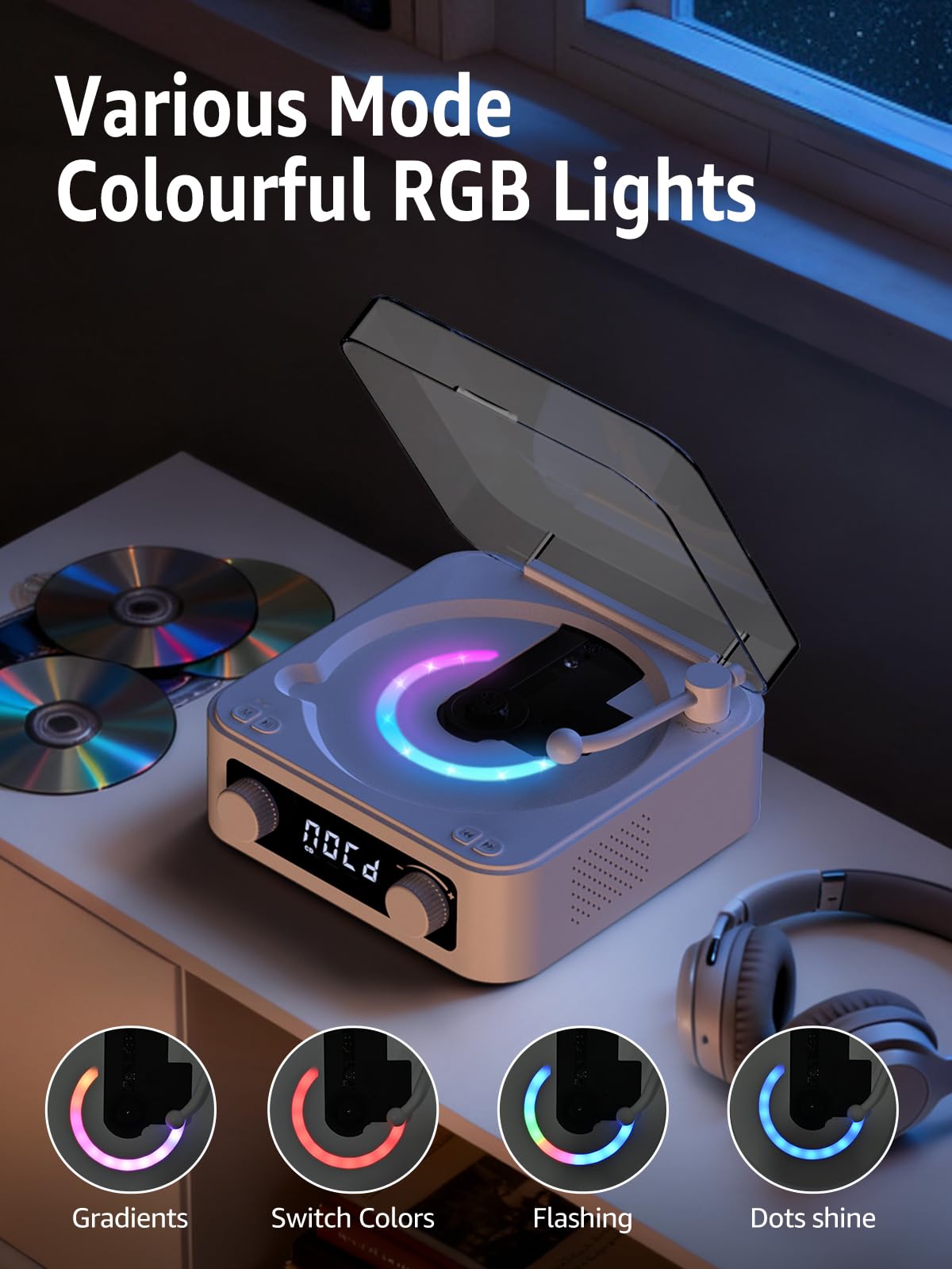 RetroAudio on bedside table with soft lighting showing sleep-friendly white noise mode