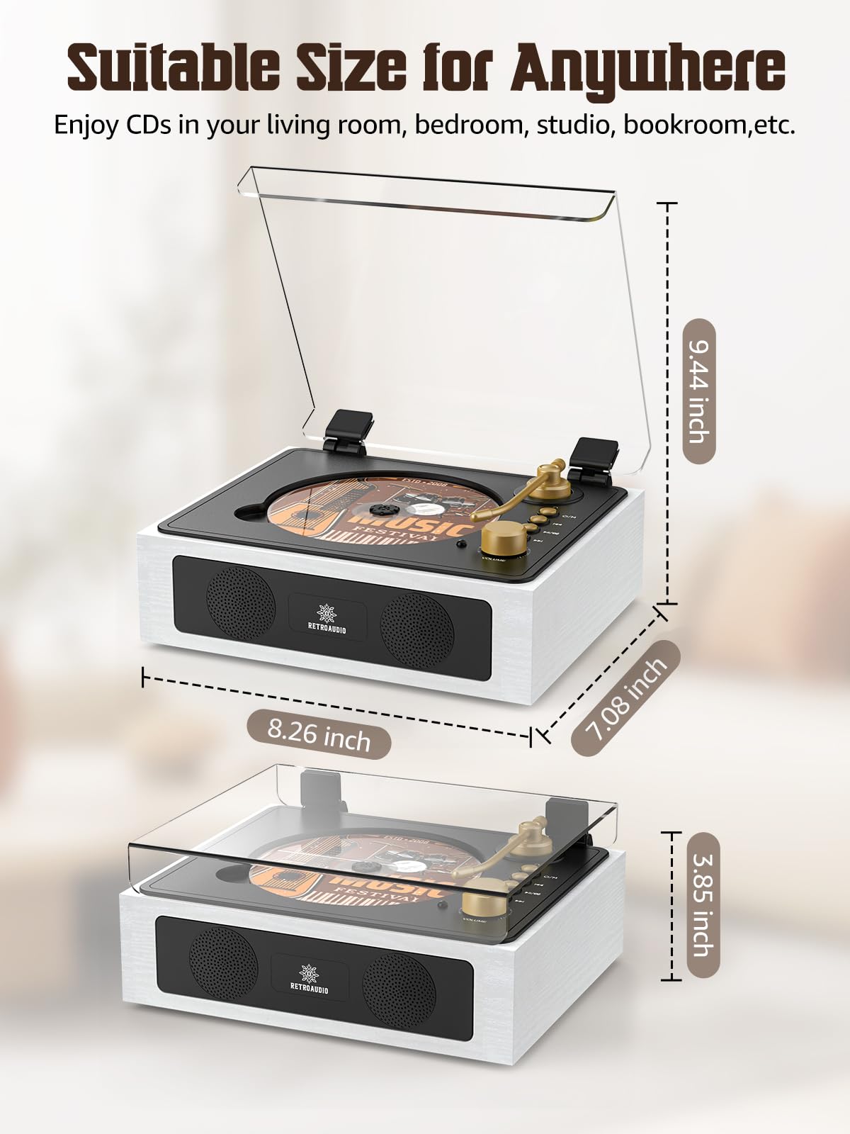 RetroAudio on bedroom shelf playing via Bluetooth from phone for convenient wireless listening