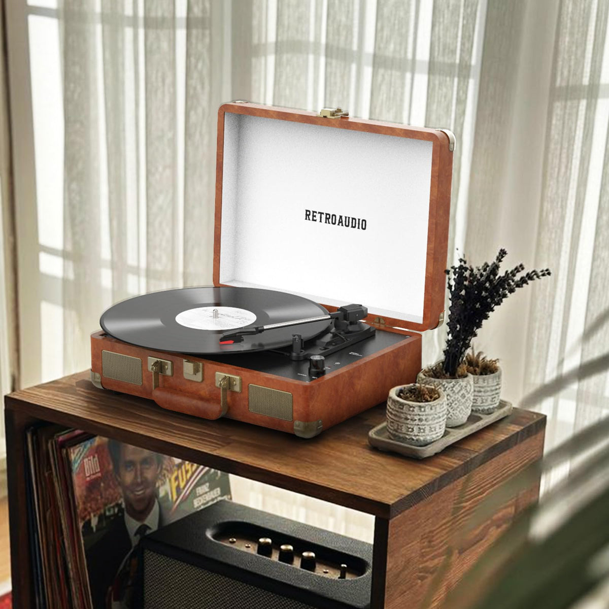 RetroAudio lifestyle setup on a bedroom shelf showing decorative style and everyday listening