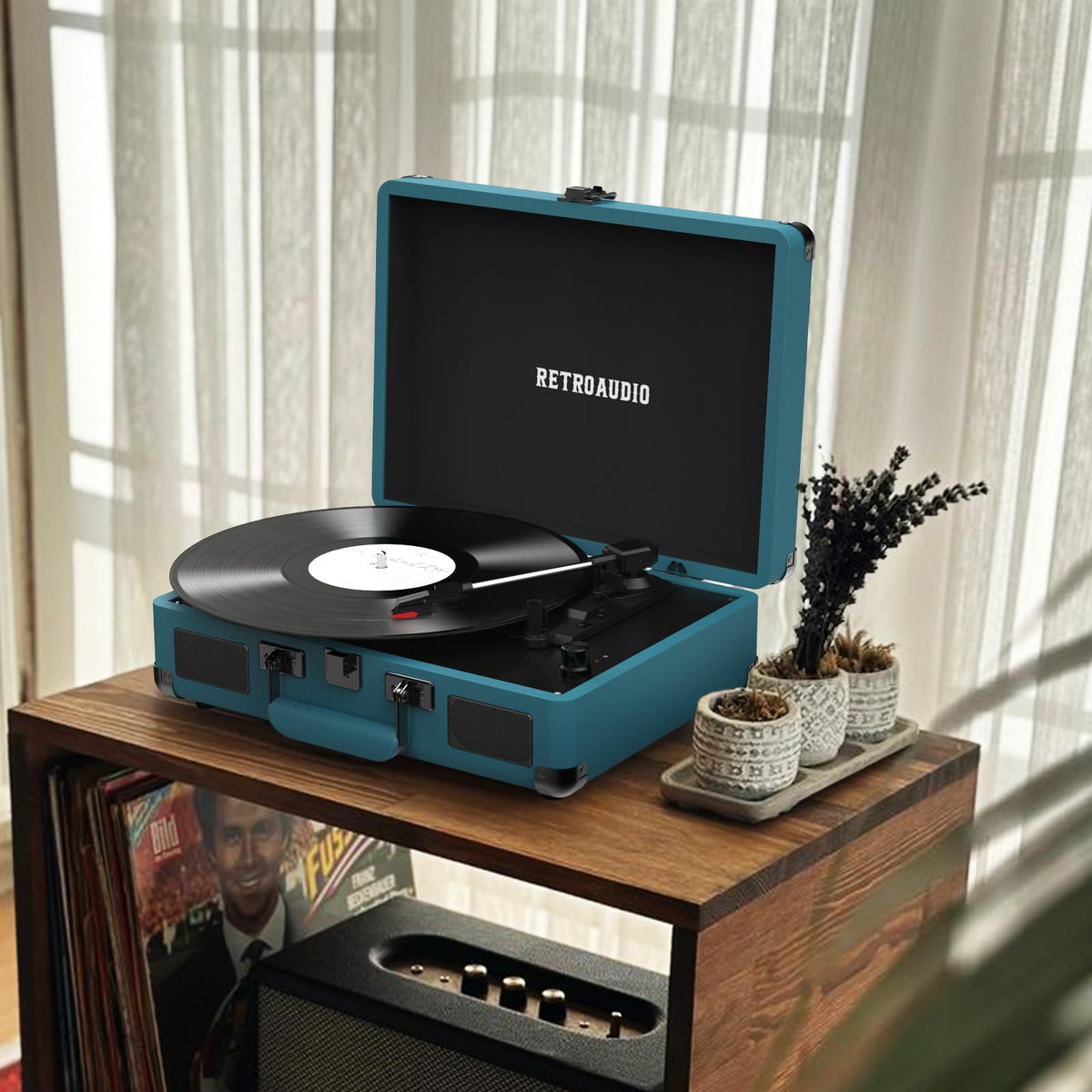 RetroAudio open suitcase with vinyl inside showing storage and travel-ready design