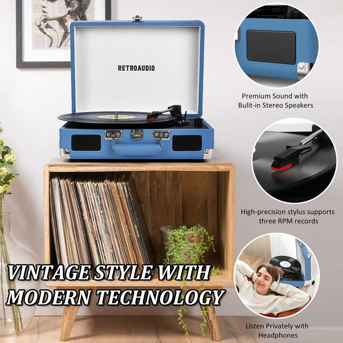 RetroAudio portable suitcase design makes it easy to carry and enjoy anywhere