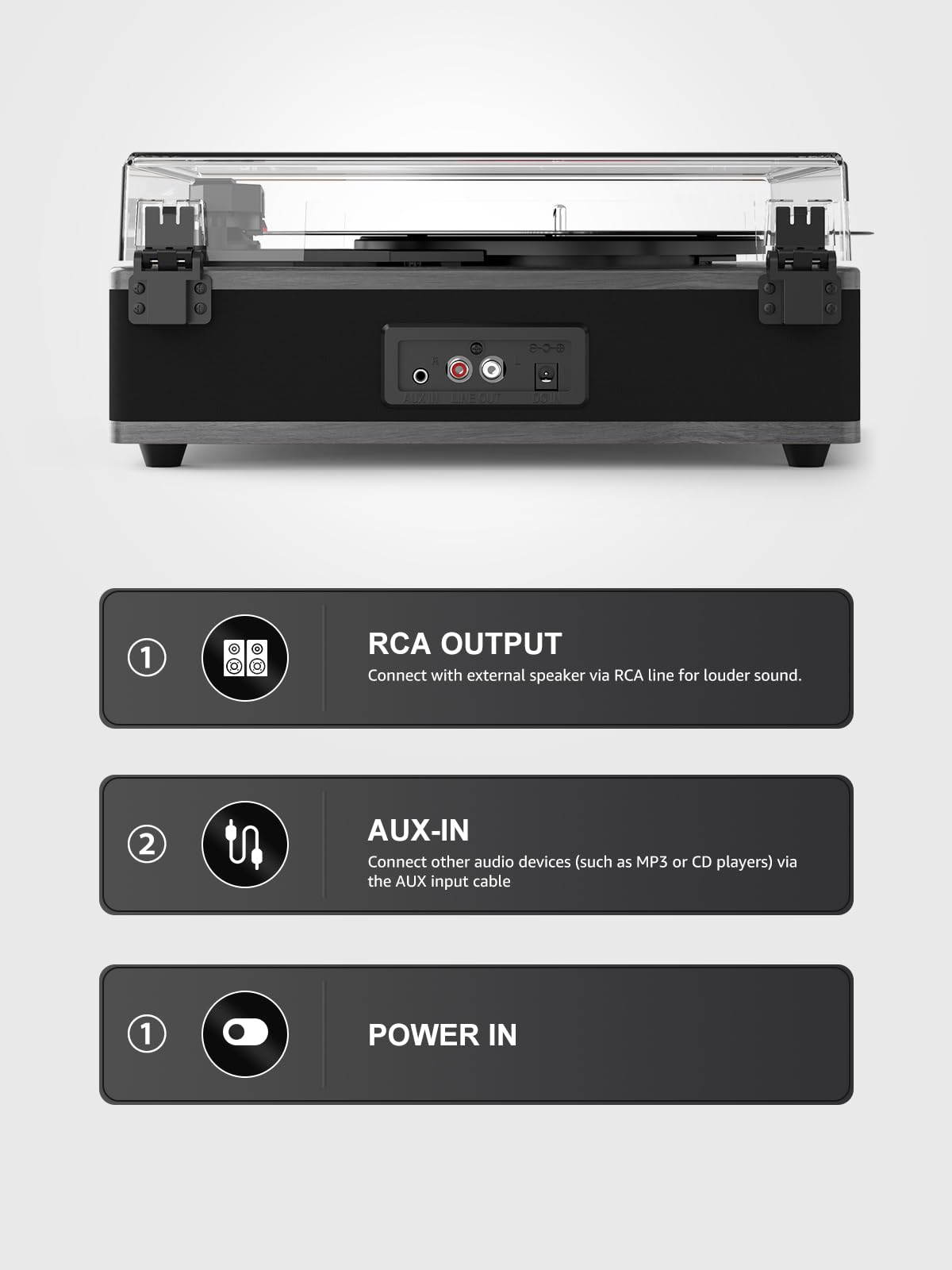 RCA output to connect external speakers for louder sound with RetroAudio