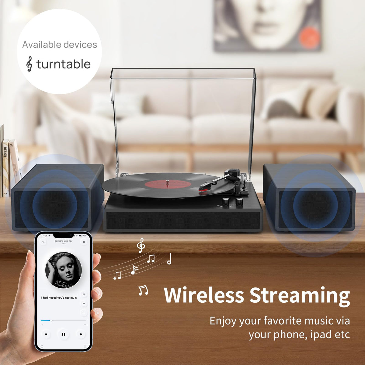 RetroAudio turntable displaying 33, 45, 78 RPM compatibility and vinyl size support