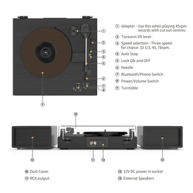 RetroAudio bookshelf speakers paired with the turntable for balanced stereo sound