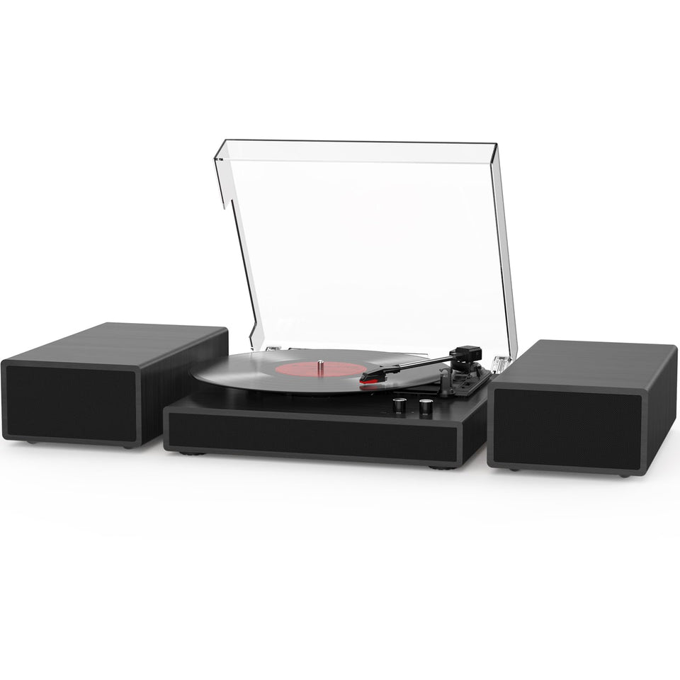 RetroAudio record player with external speakers delivering richer, authentic vinyl sound