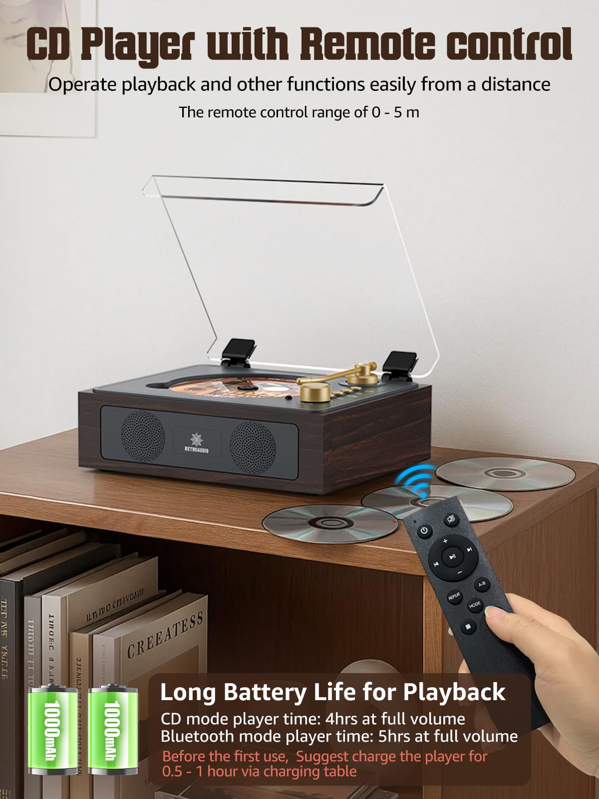 RetroAudio remote control layout enabling convenient playback from a distance