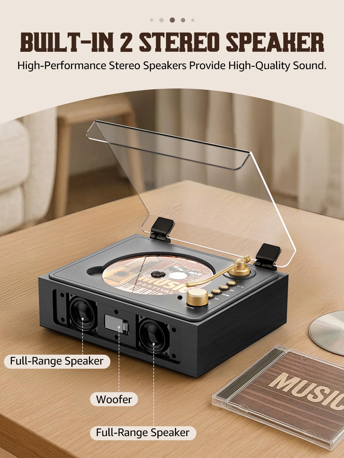 RetroAudio top dust cover open with CD loading visible protecting discs and reducing dust