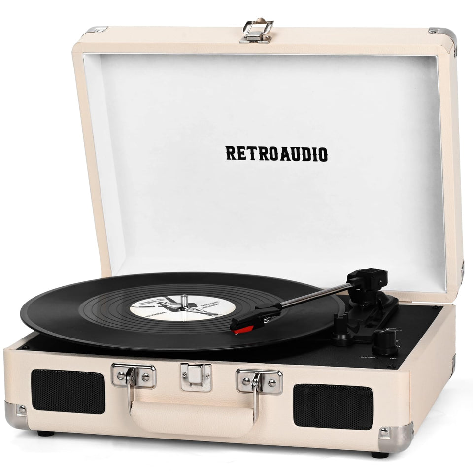 RetroAudio vinyl player in vintage suitcase ready for portable listening