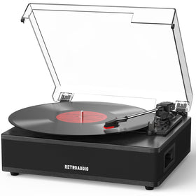 RetroAudio vinyl record player with built-in speakers in black for immediate listening