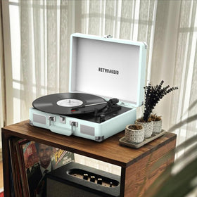 RetroAudio turntable compatible with 7, 10, and 12 inch vinyl for versatile listening.