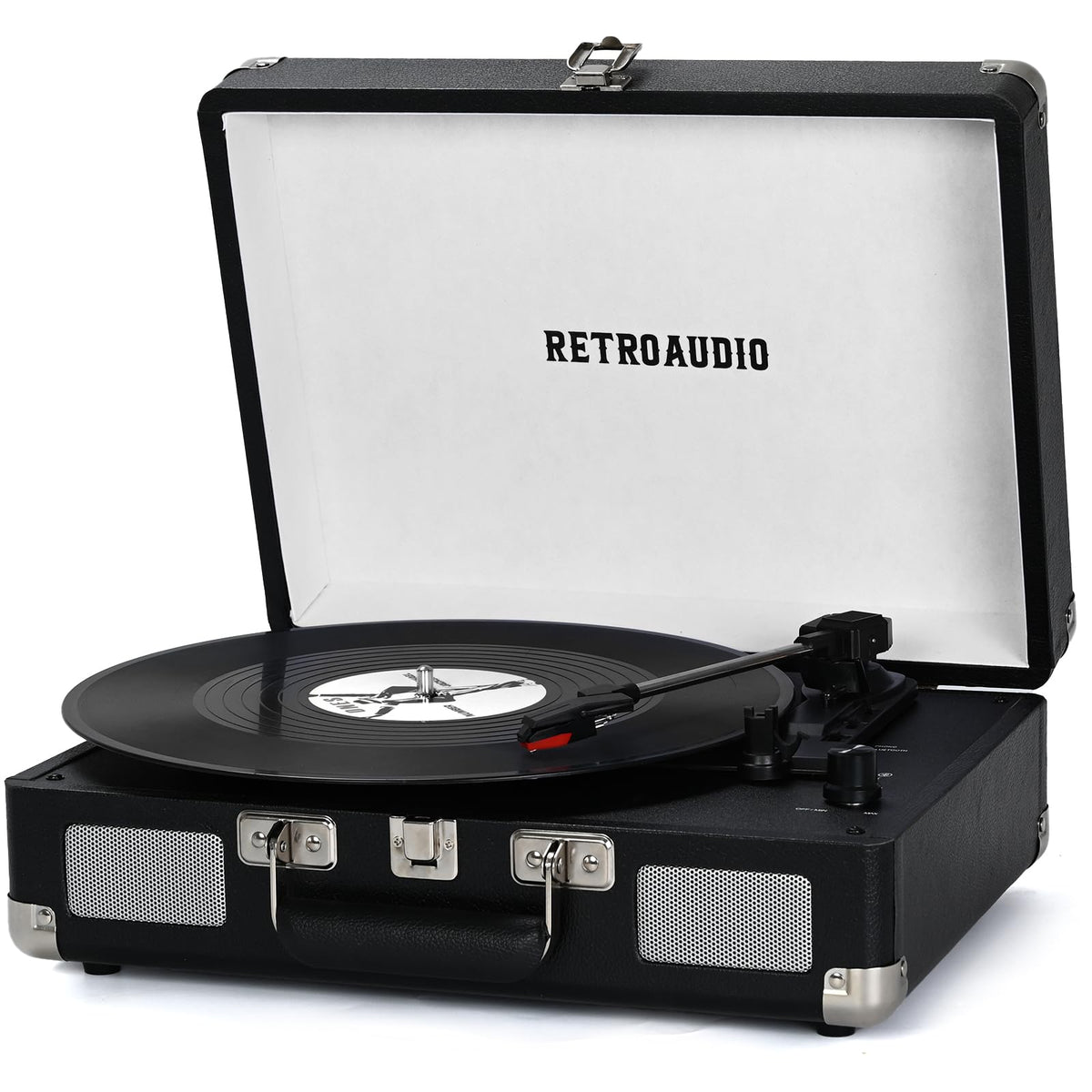 RetroAudio vinyl suitcase front view showing portable design for on-the-go listening.