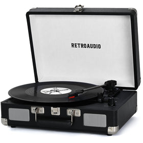 RetroAudio vinyl suitcase front view showing portable design for on-the-go listening.