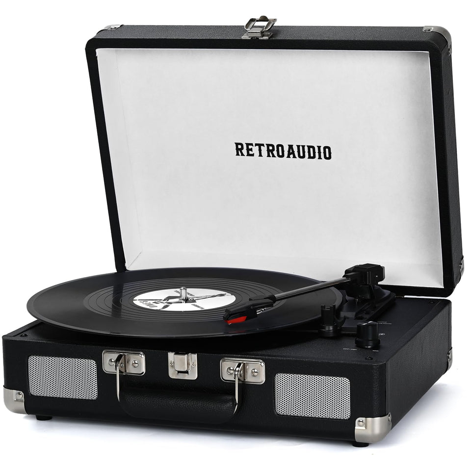 RetroAudio vinyl suitcase front view showing portable design for on-the-go listening.