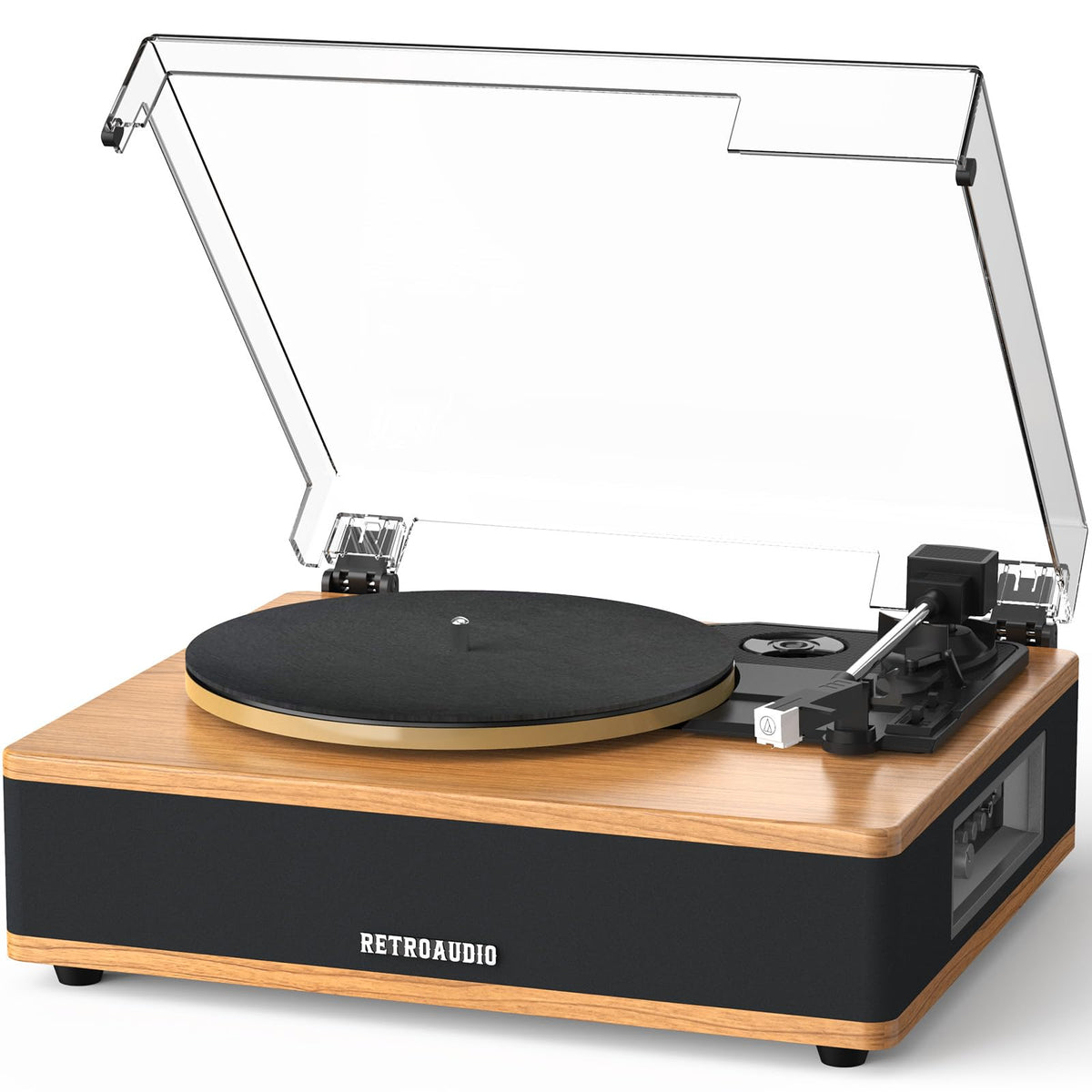 RetroAudio vinyl turntable front view with integrated speakers for all-in-one listening