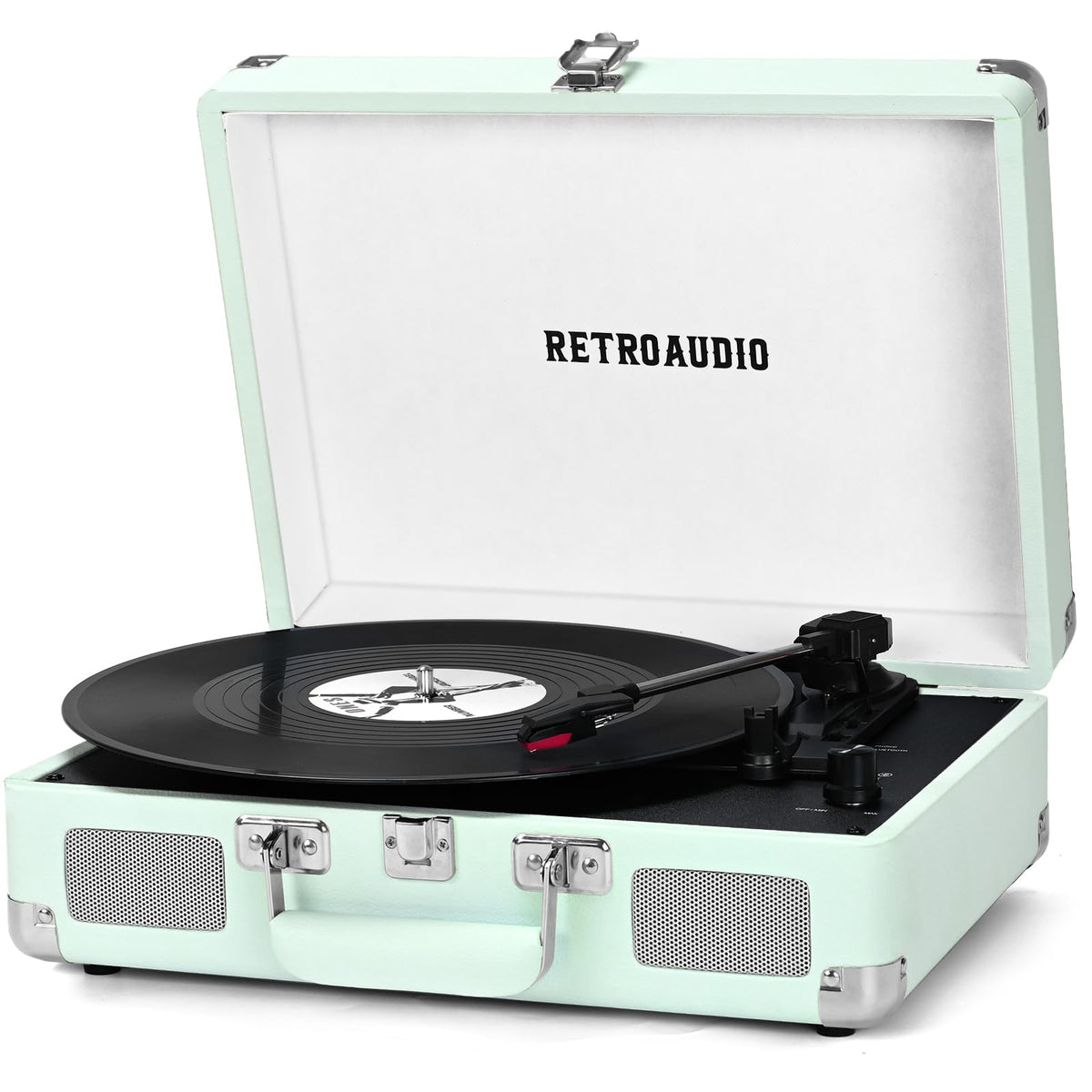 RetroAudio vinyl turntable in a light cyan suitcase, front view for easy portability on the go.