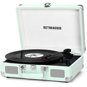 RetroAudio vinyl turntable in a light cyan suitcase, front view for easy portability on the go.