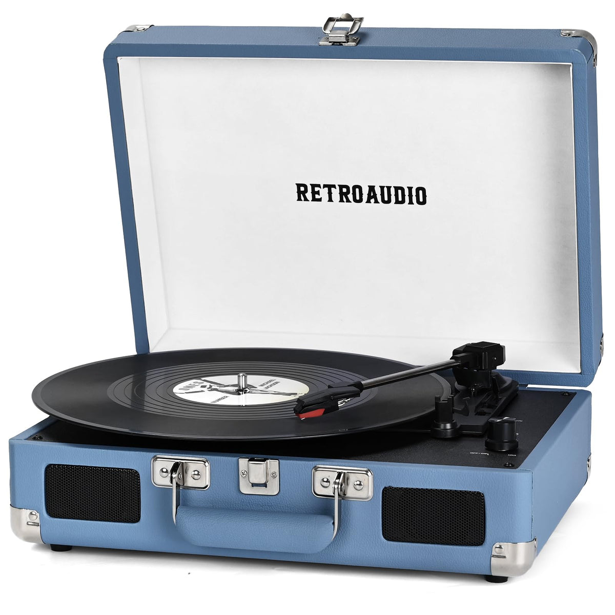 RetroAudio vinyl turntable in a suitcase with open lid for on-the-go listening