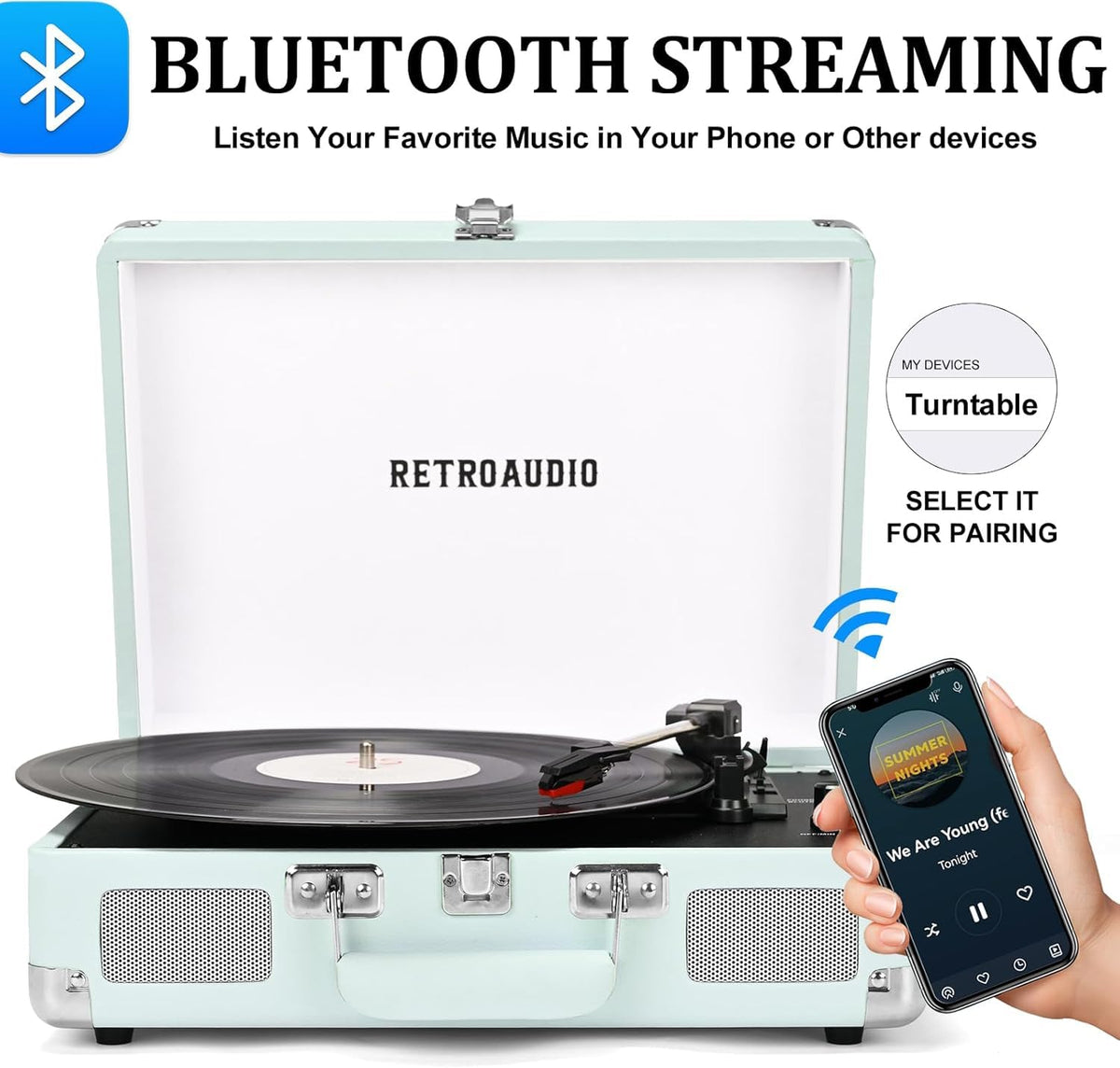 RetroAudio suitcase opened, showing turntable and cover for quick setup.