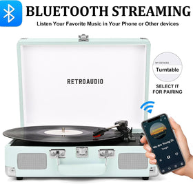 RetroAudio suitcase opened, showing turntable and cover for quick setup.