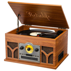 Retrolife 10-in-1 record player with belt-drive in a mahogany cabinet for smooth vinyl playback