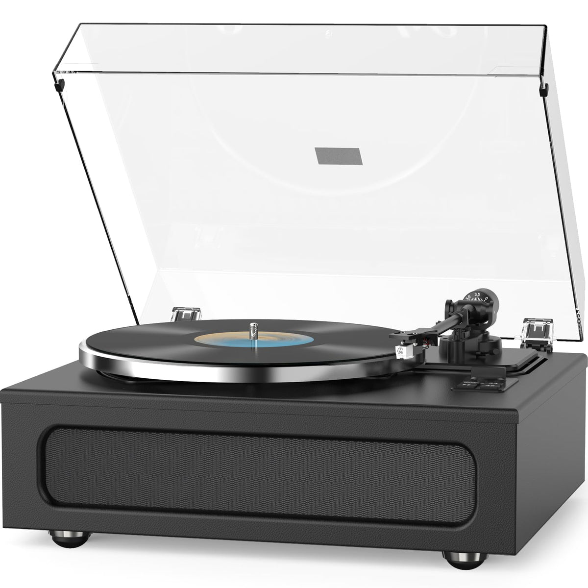 Retrolife front view showing turntable and speakers for instant playback