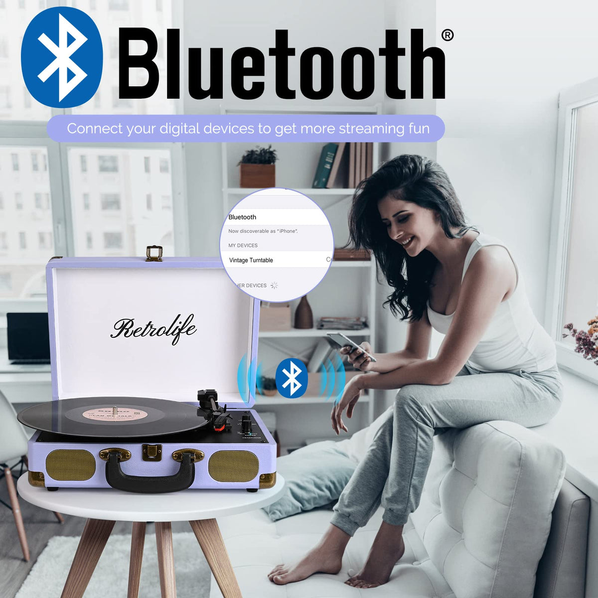 Retrolife turntable with Bluetooth for wireless streaming across the room