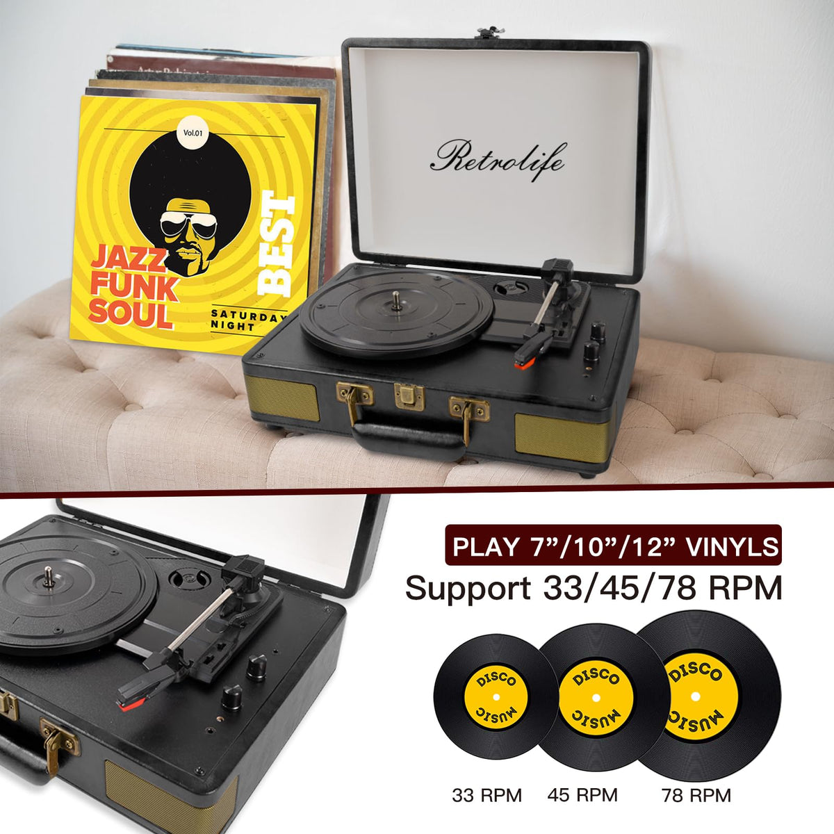 Retrolife built-in stereo speakers delivering warm, immersive sound