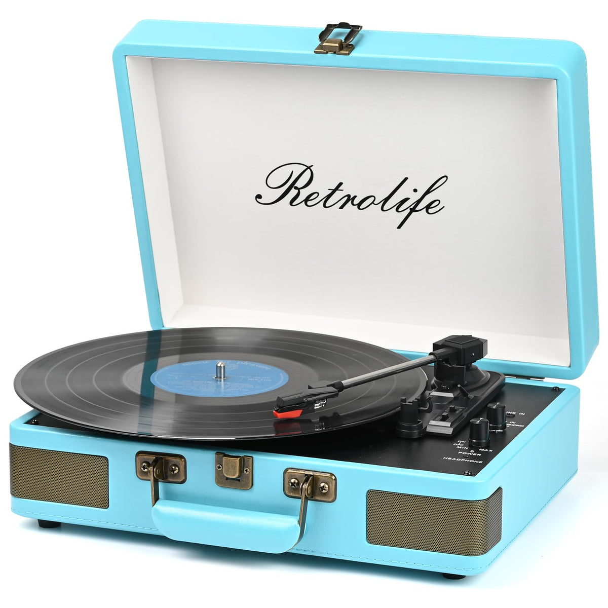 Retrolife front view suitcase turntable showing controls and vintage look, easy portable listening